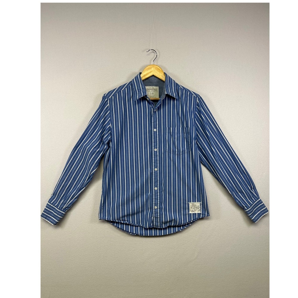 Preppy‎ Coastal Aeropostale Mens Small Blue Striped Cotton Button Down Shirt